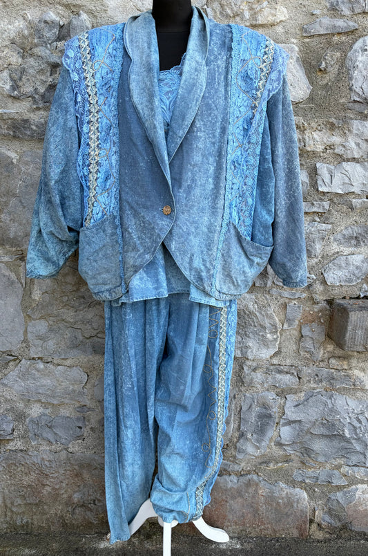 90s blue 3 piece acid wash&lace suit uk 12