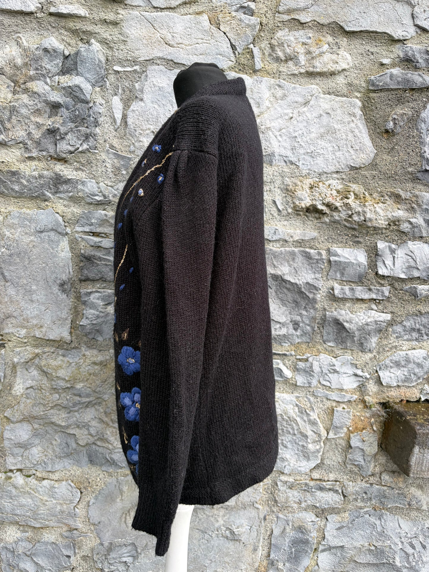 80s embroidered flowers black open cardigan uk 12-14
