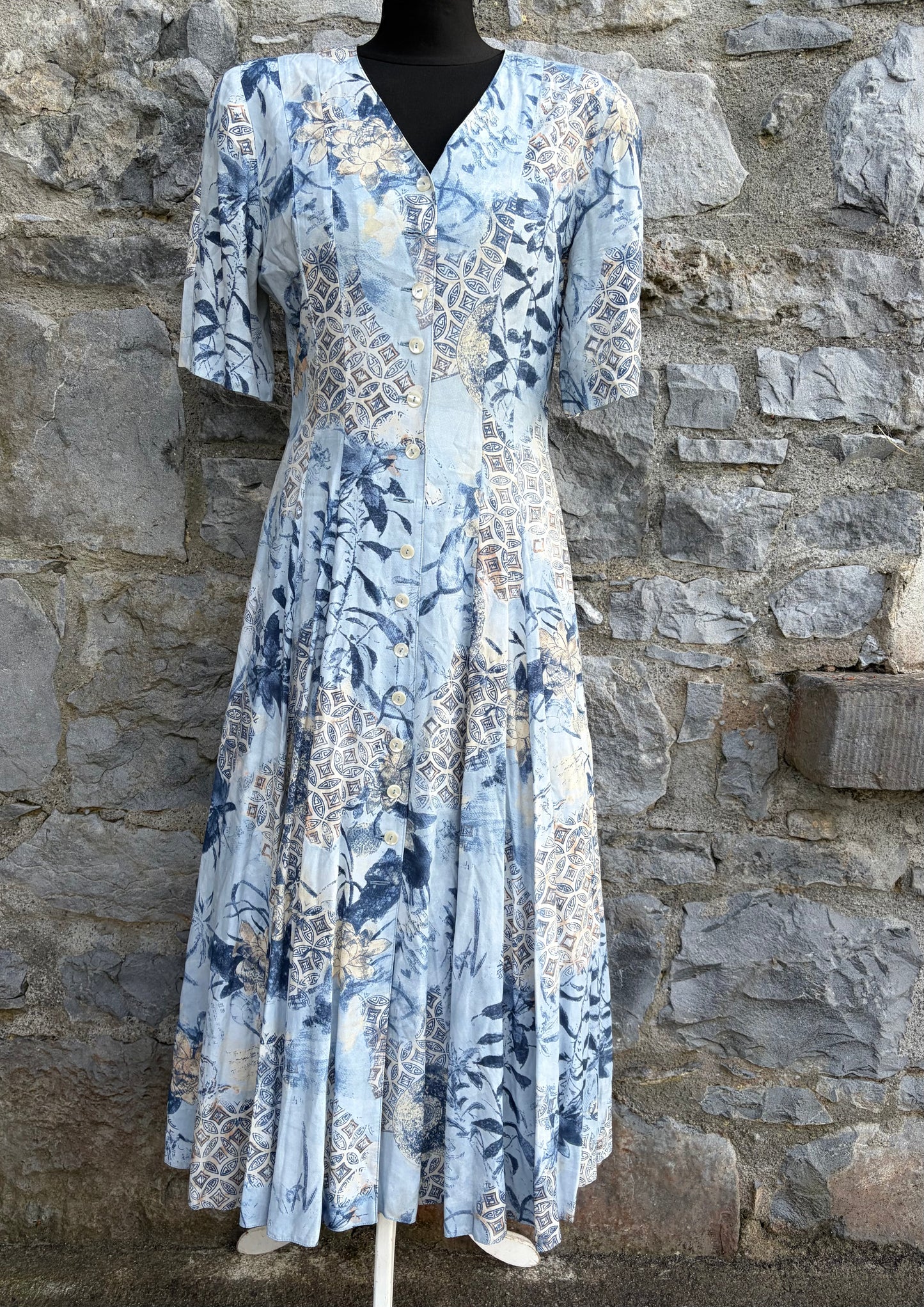 80s blue abstract button up dress uk 8-10