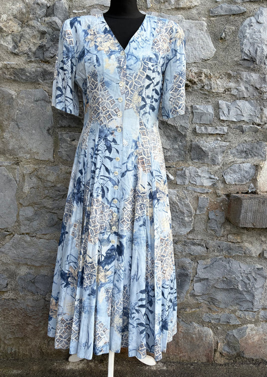 80s blue abstract button up dress uk 8-10