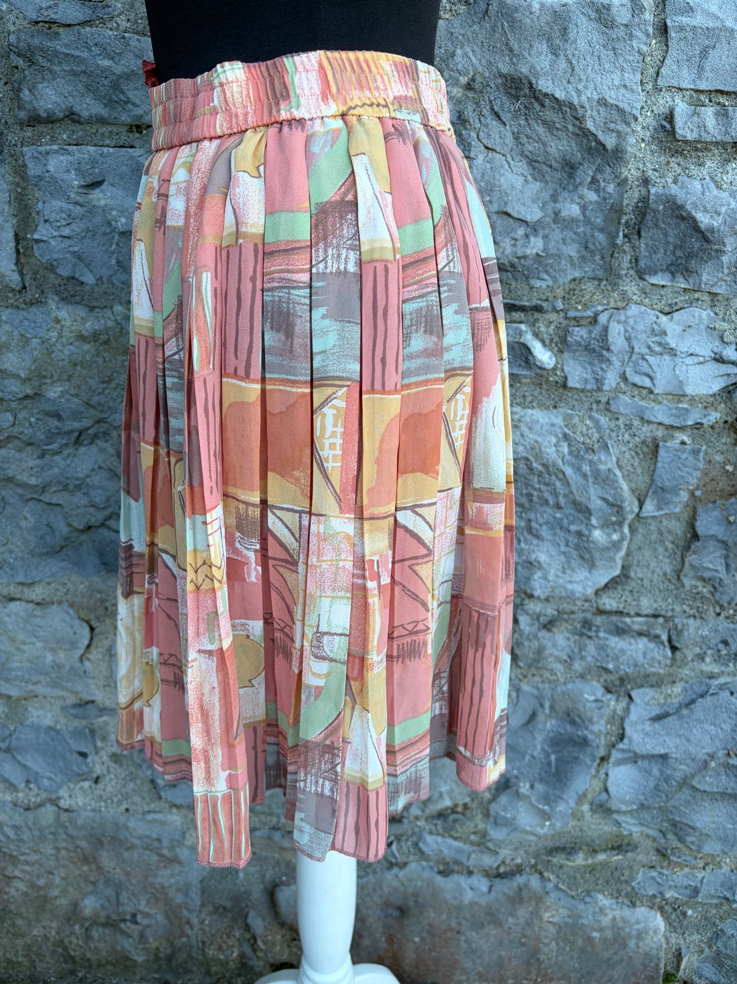 80s peach abstract pleated skirt uk 8