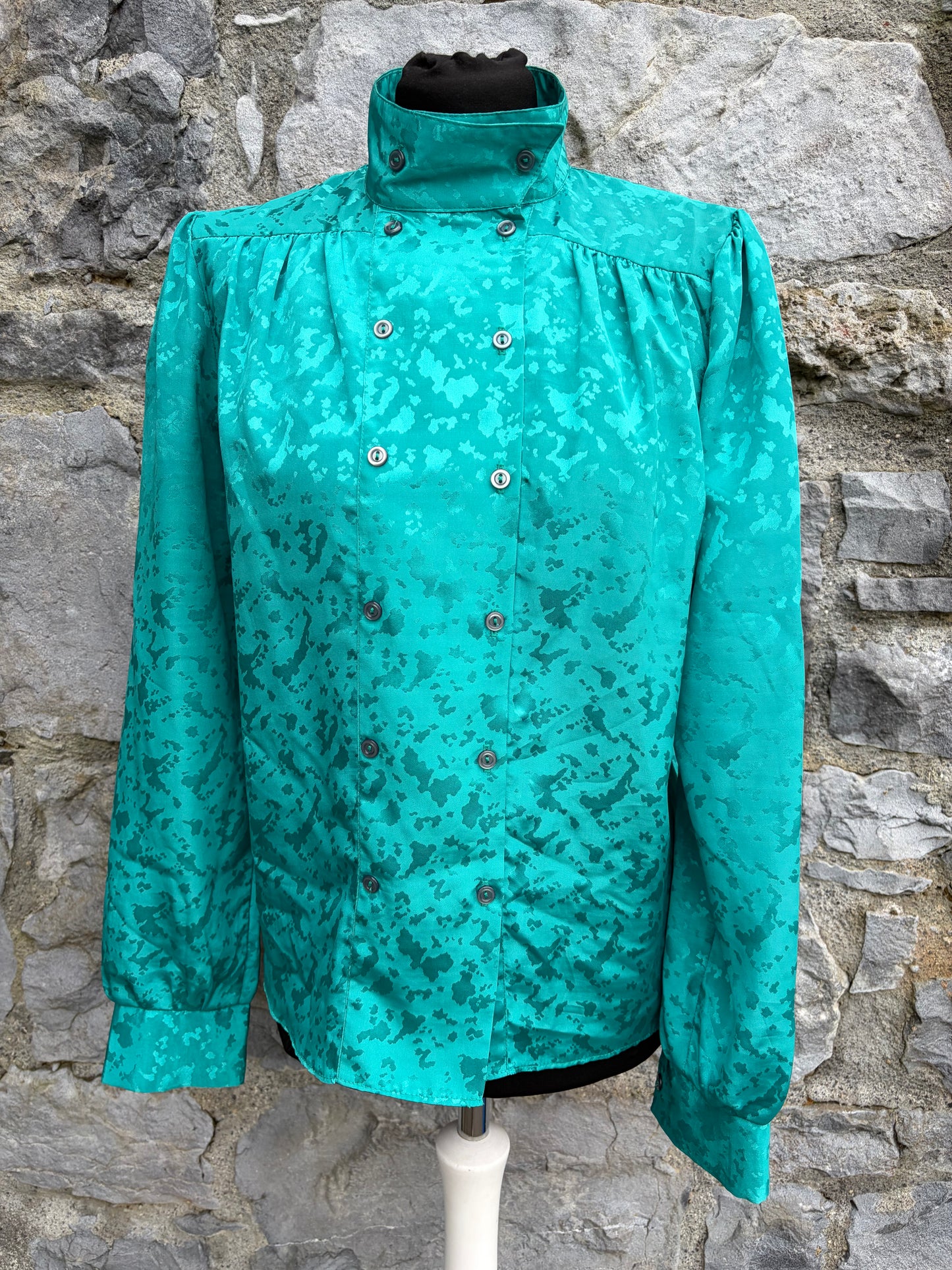 80s high collar green jacquard blouse uk 10-12