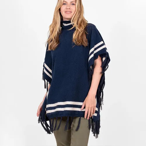 Navy Blanket Tassel Knitted Poncho