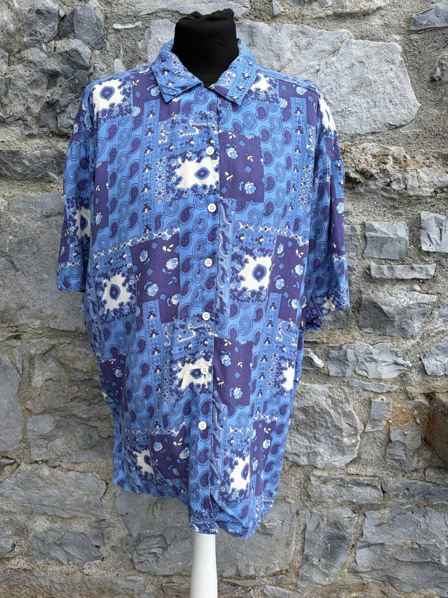 90s blue patchwork shirt Medium
