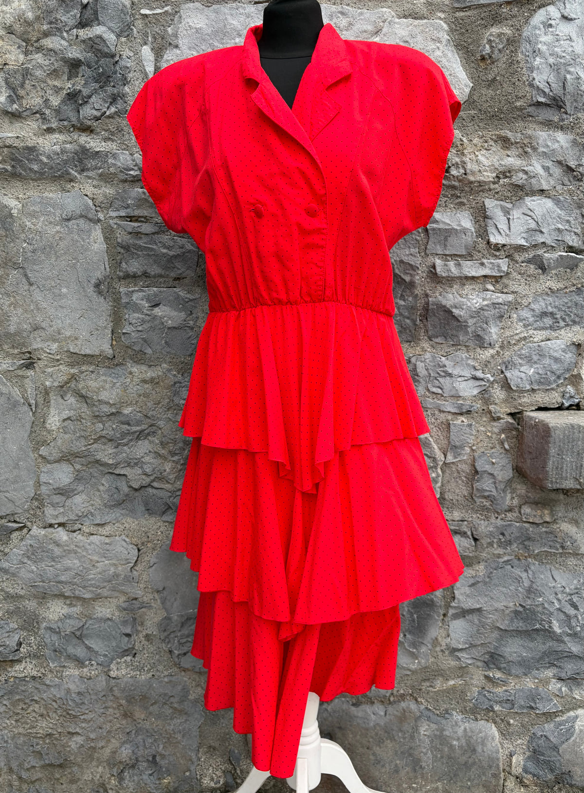 80s red polka dots tiered ruffled dress uk 10-12