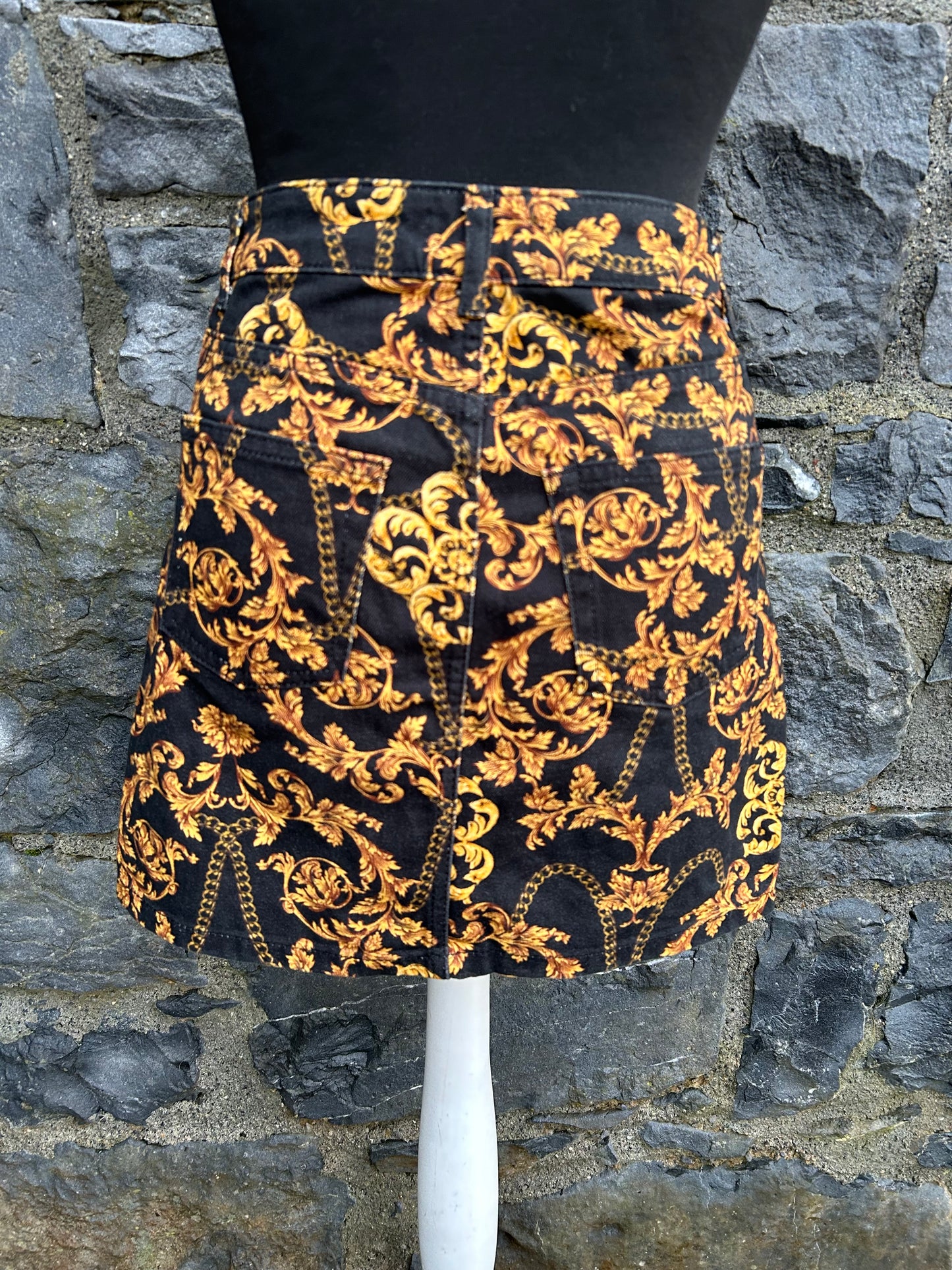 Black&gold chain print mini denim skirt uk 8