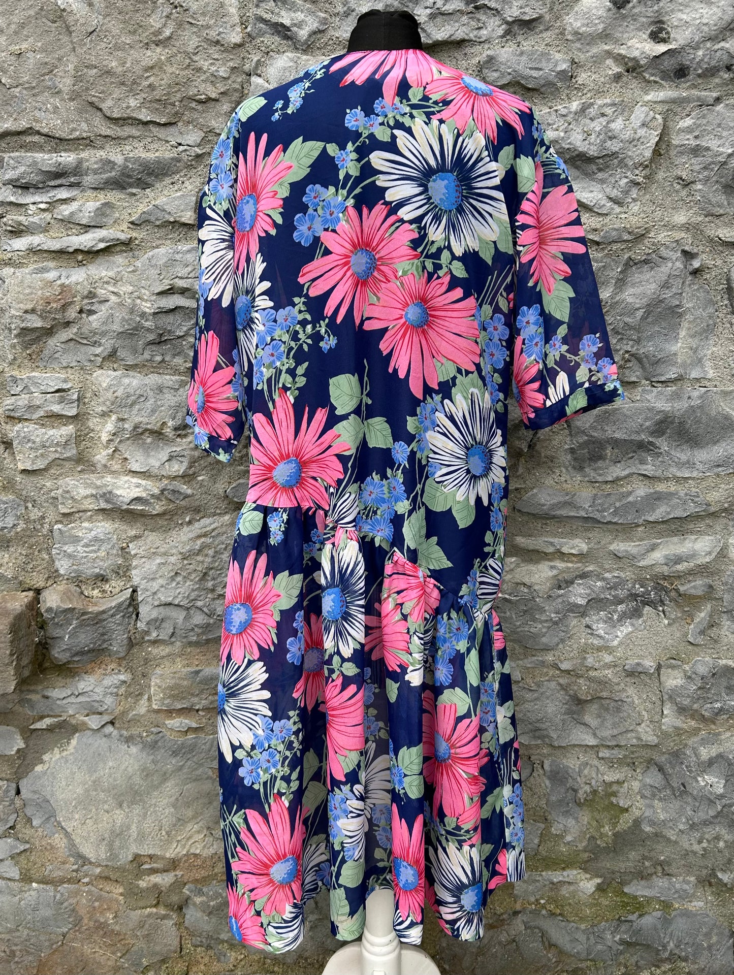 80s sheer flowers navy dress uk 14