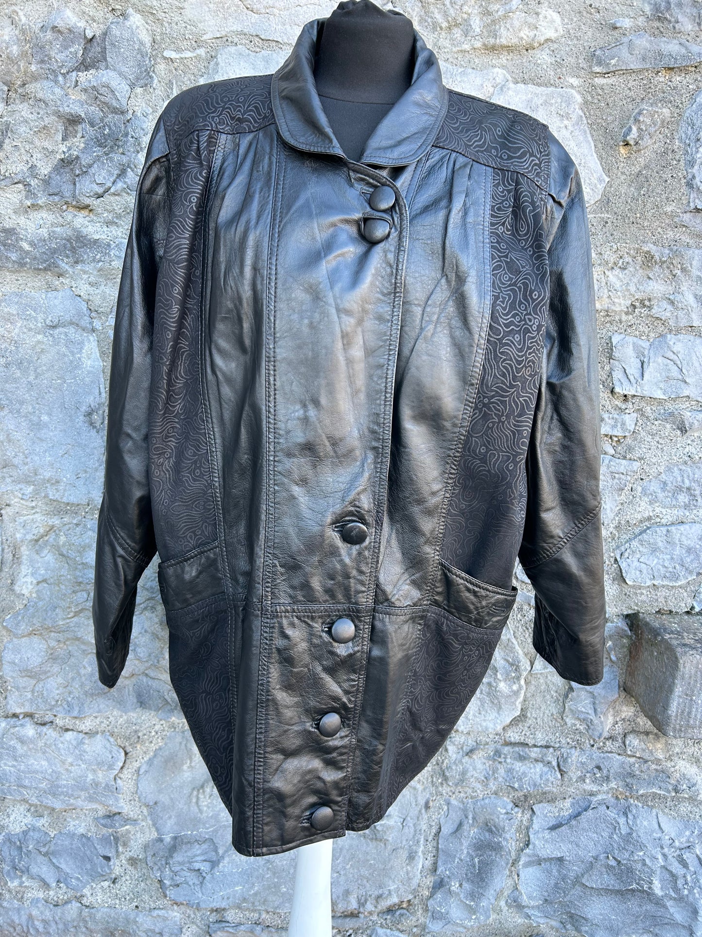 80s black leather long jacket uk 12-14