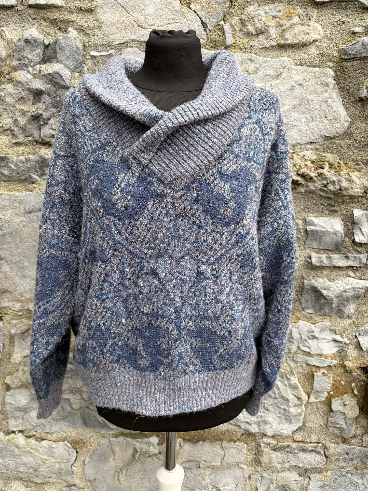 90s blue shawl collar jumper uk 14-16