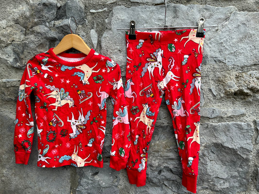 Christmas unicorns red pjs  2-3y (92-98cm)