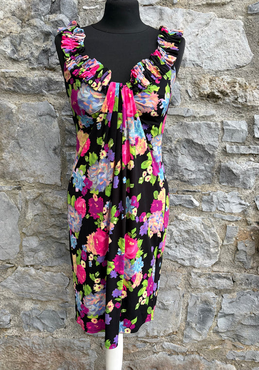 Y2K colourful flowers black dress uk 8-10