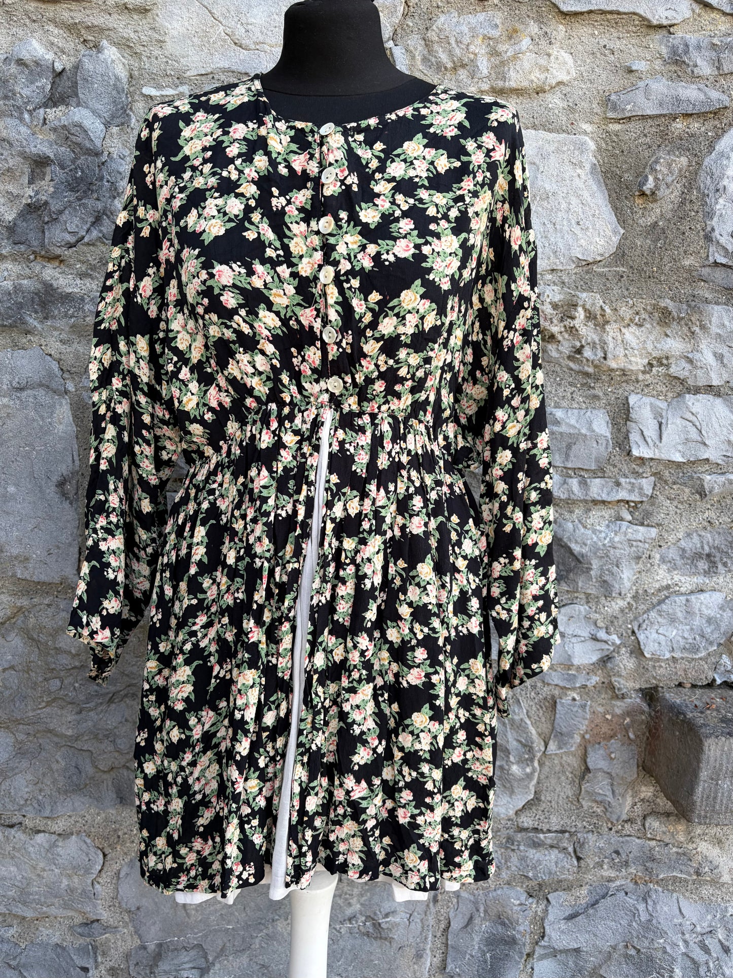 90s pink roses black tunic uk 10