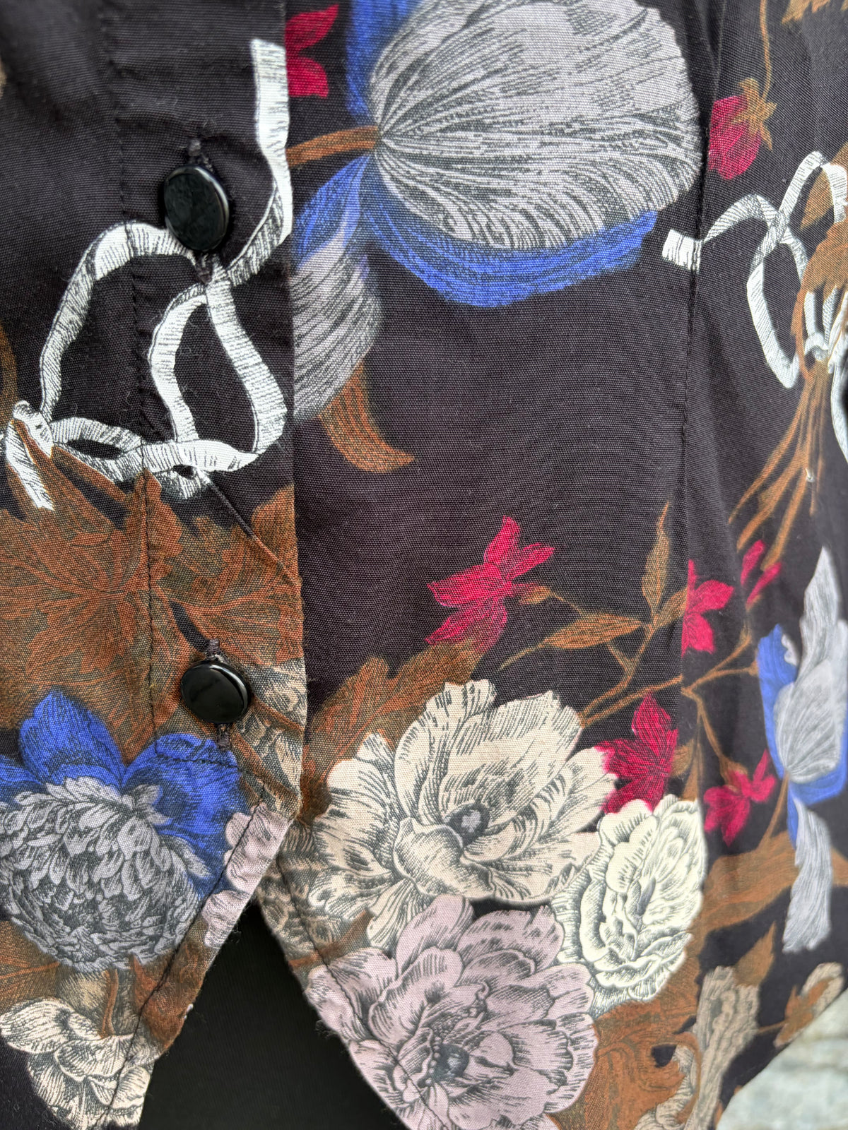 80s brown floral&ribbon print blouse uk 8