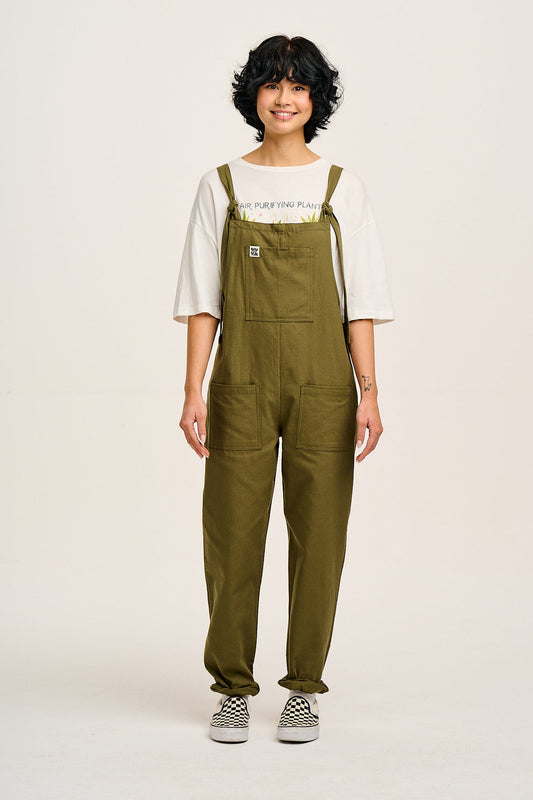 Cotton Dungarees in Dark Olive uk 12