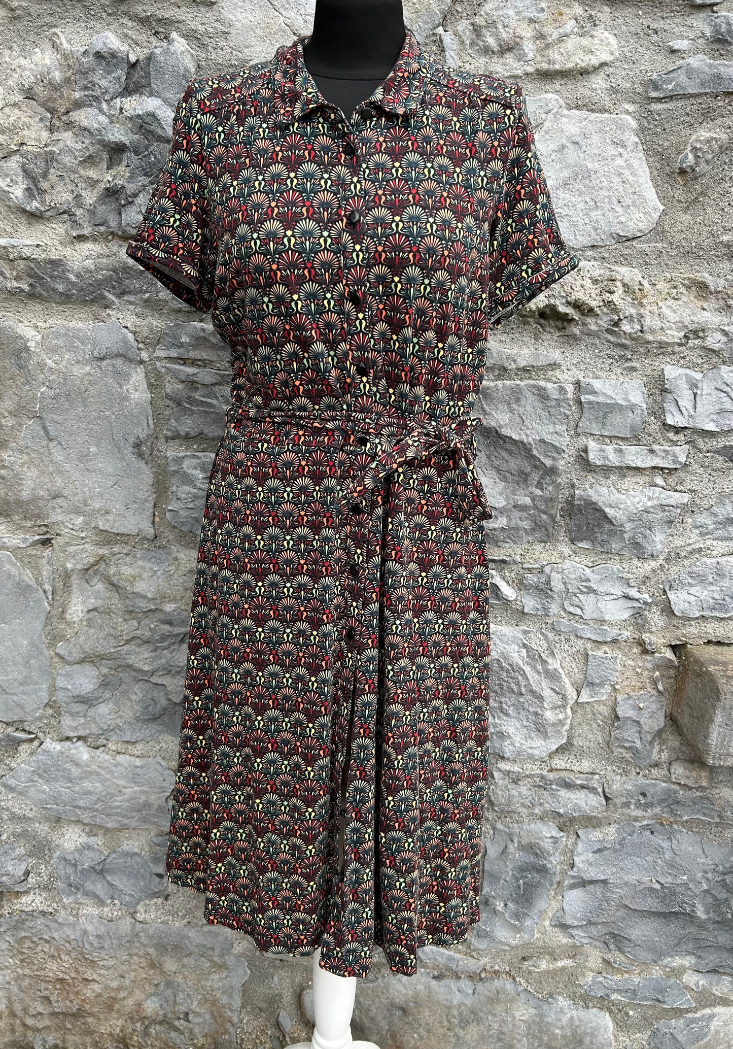 Fan print brown button down dress uk 12