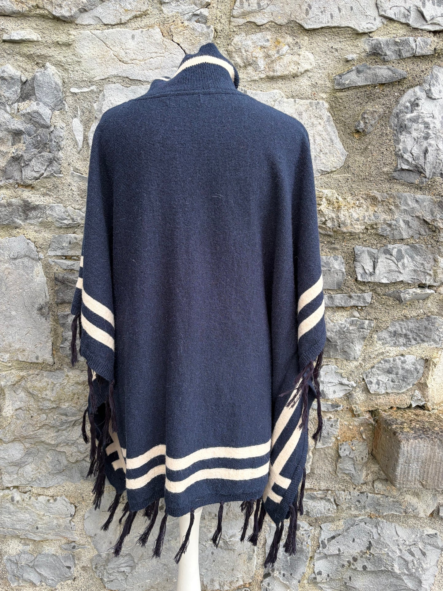 Navy Blanket Tassel Knitted Poncho