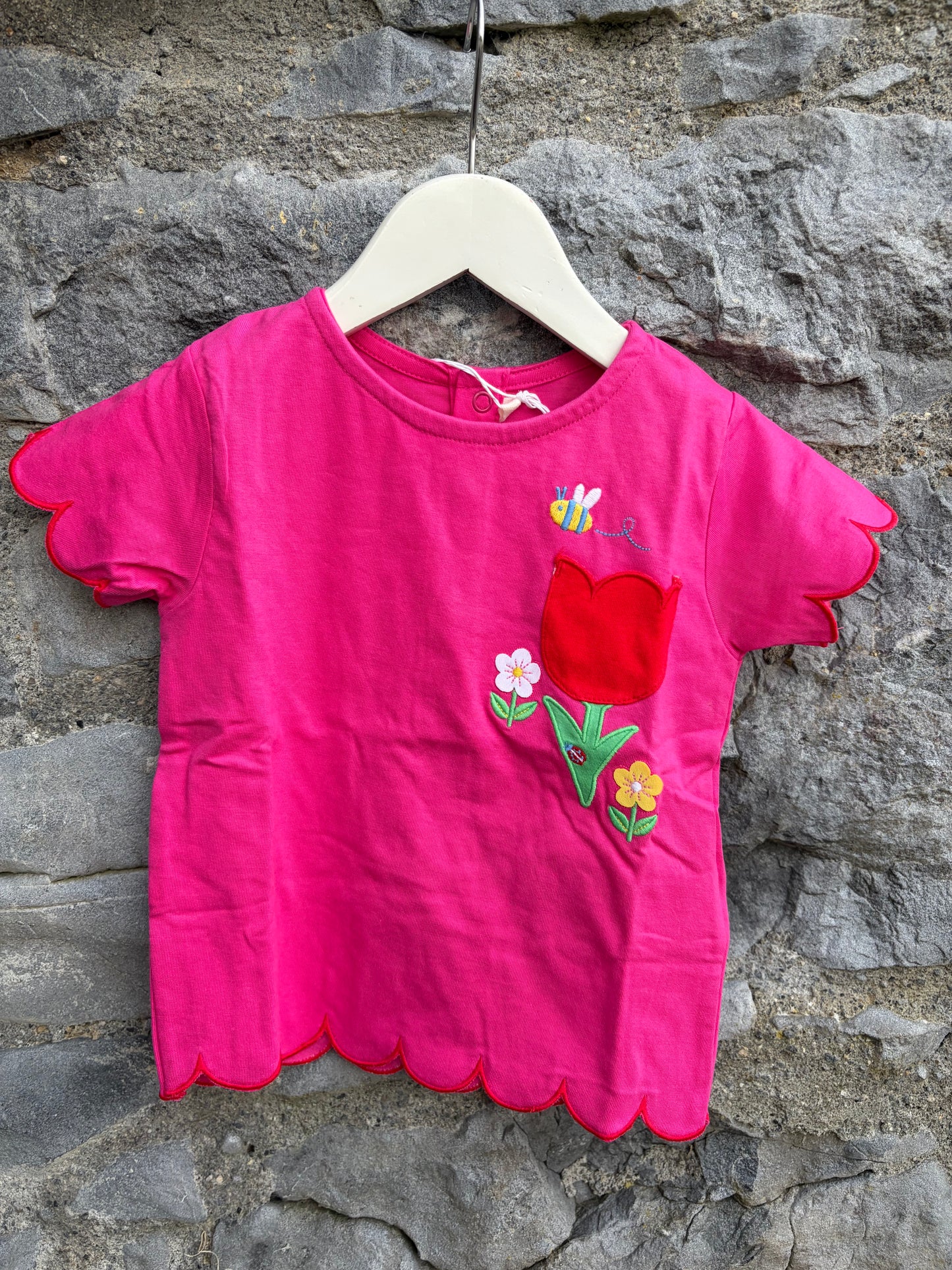 Pink Bee&Flower Scallop Hem Appliqué T-shirt  2-3y (92-98cm)