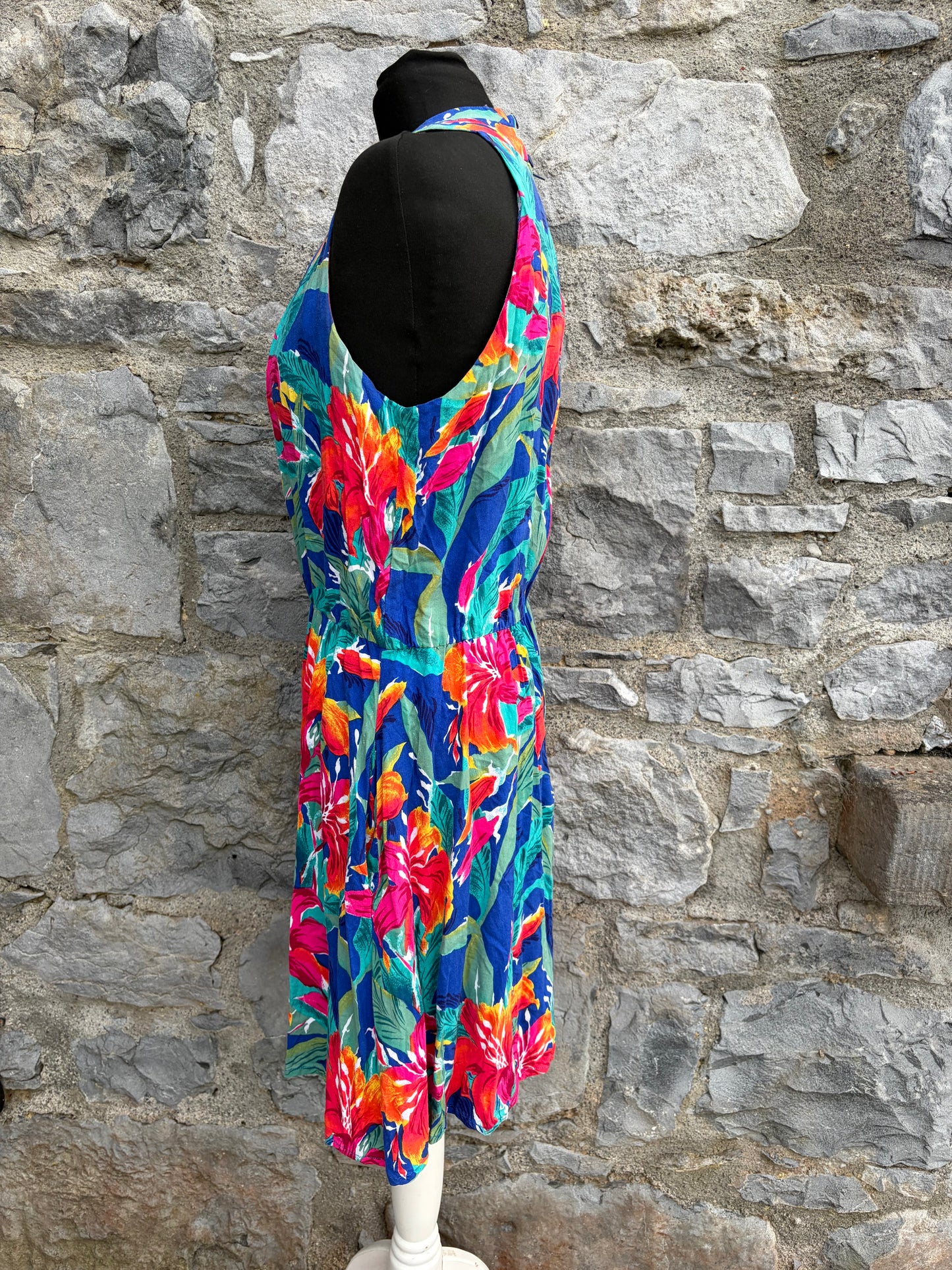 80s tropical floral print halter dress uk 12
