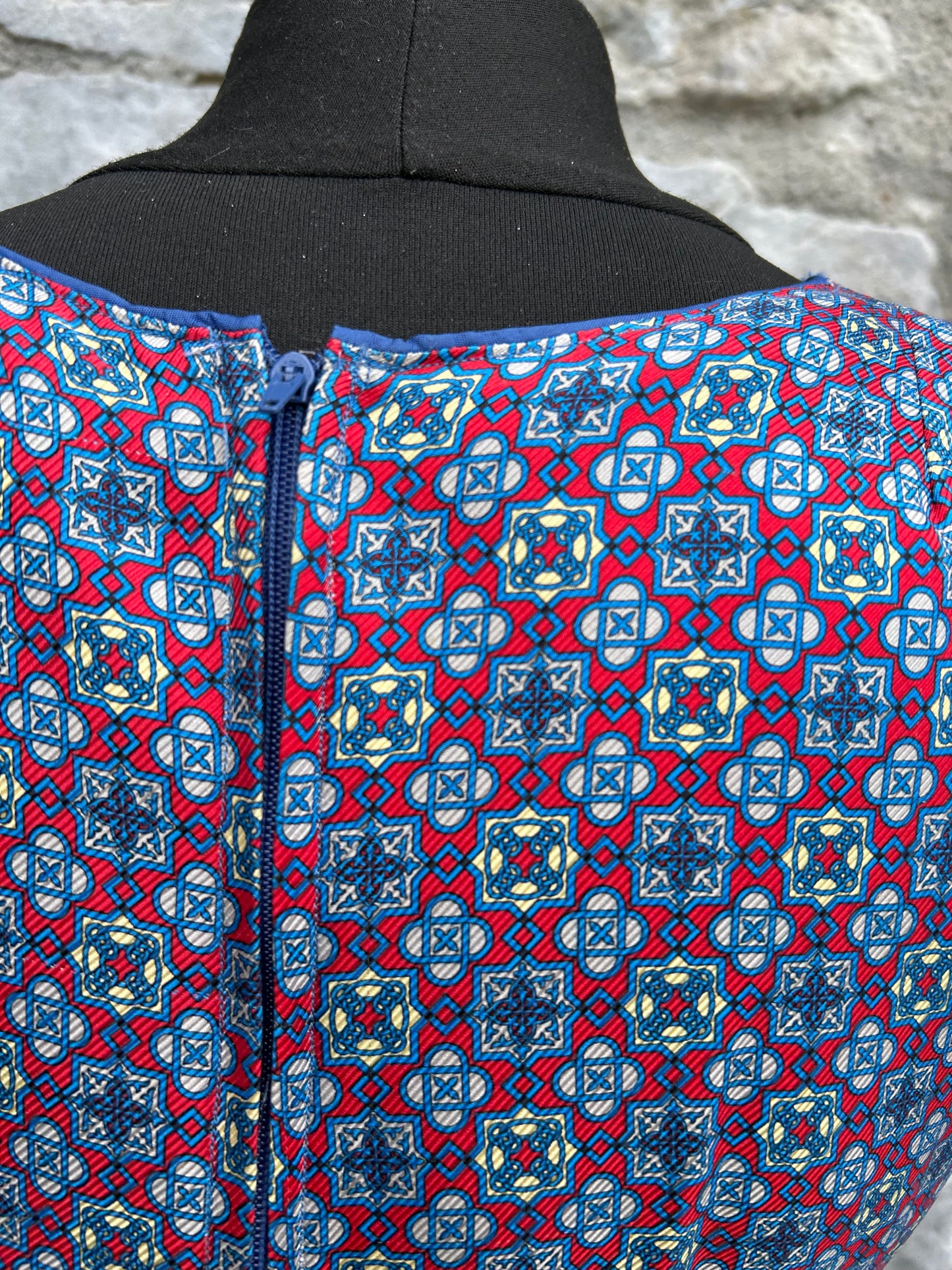 80s geometric pattern blue&red dress uk 10