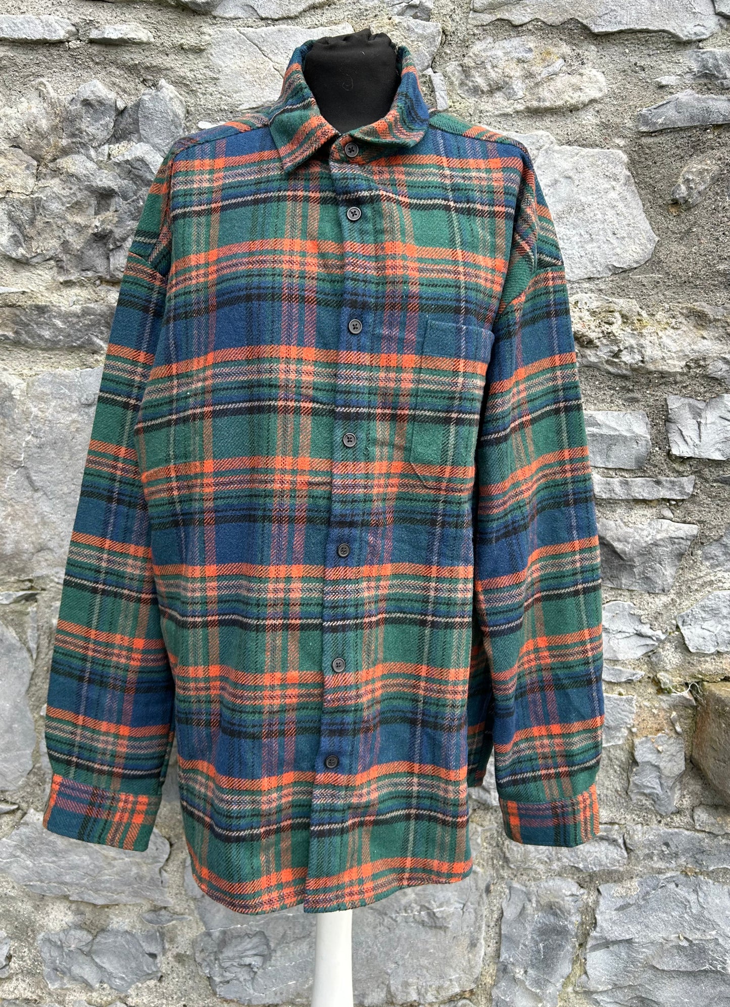 Green&blue&orange check flannel shirt XL