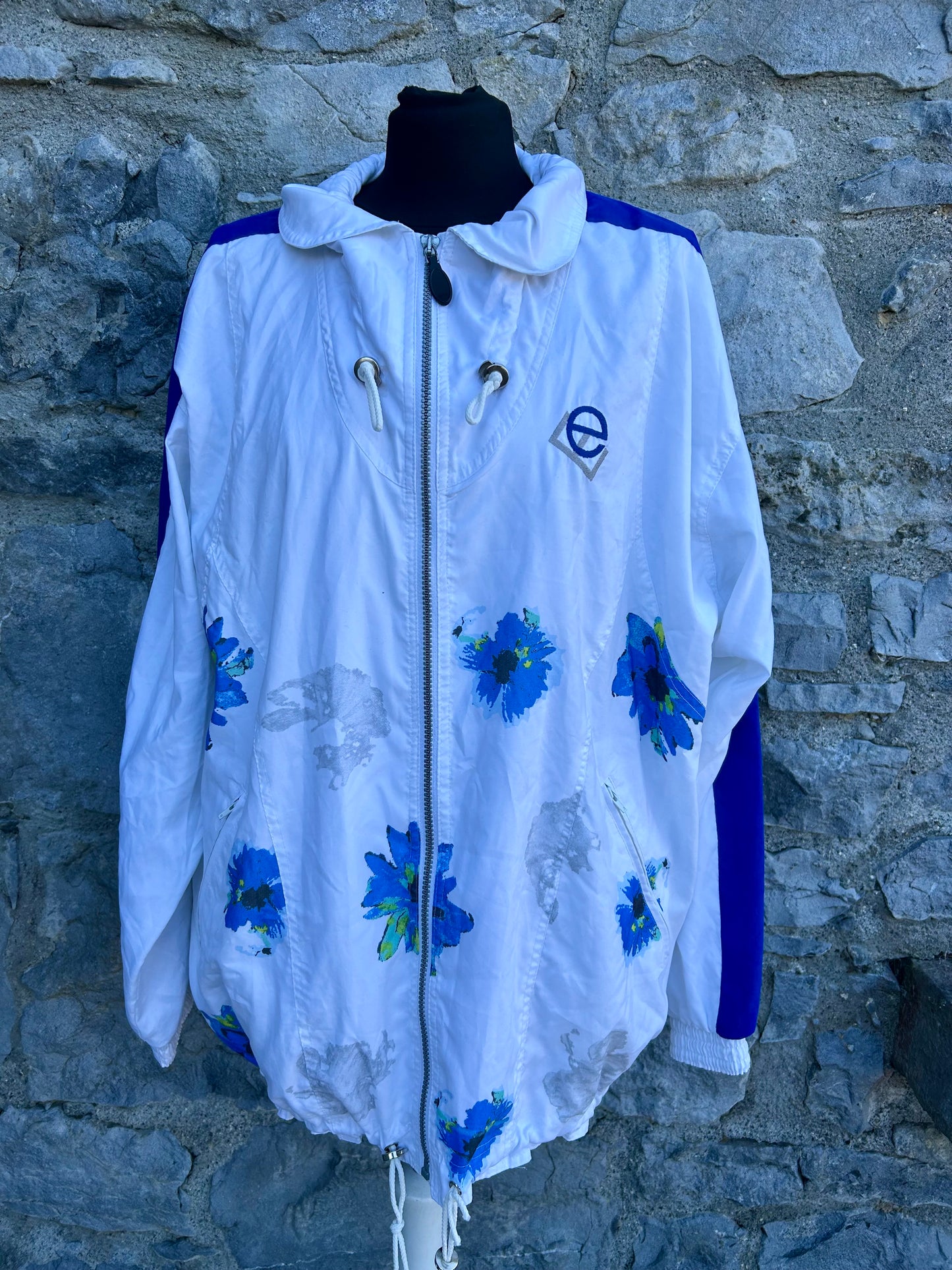 80s blue flowers white jacket Large