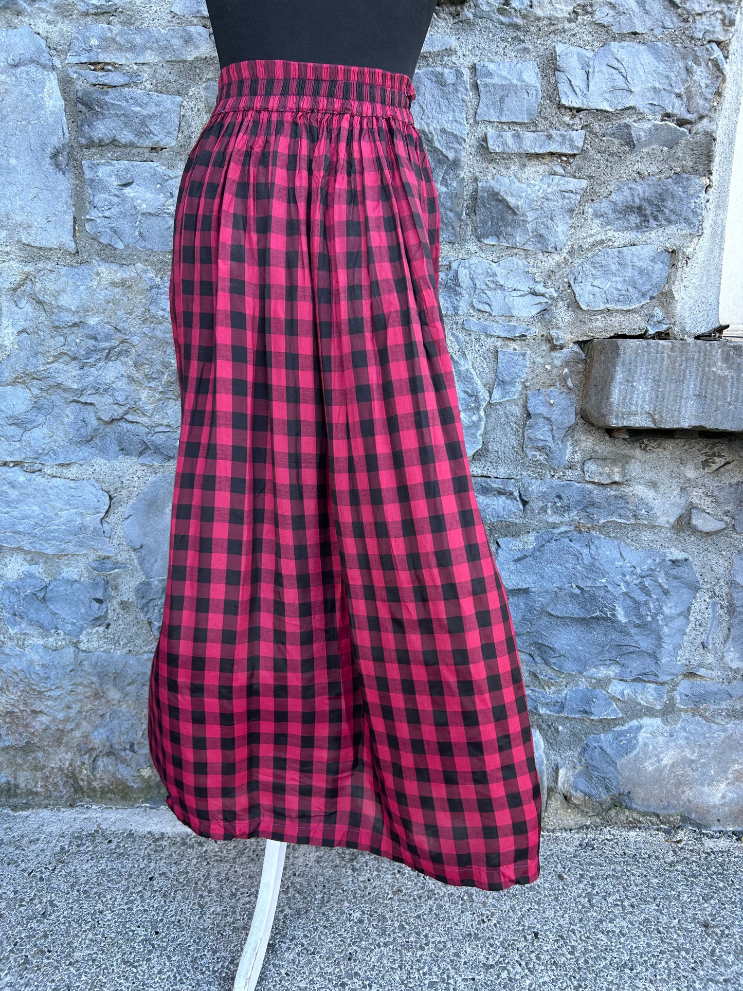 80s red&black check button up skirt uk 6