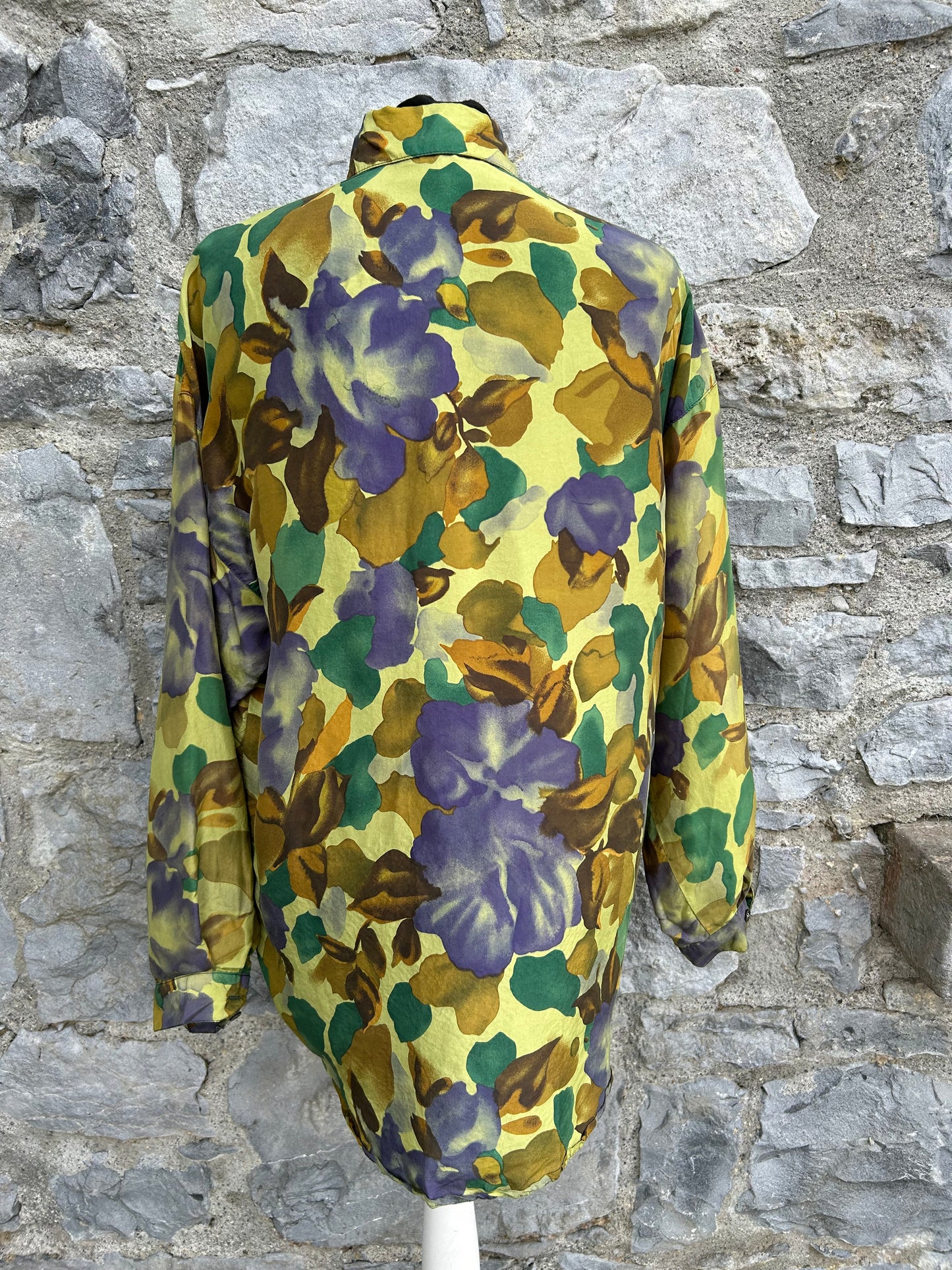 80s Green floral silk blouse uk 12-14