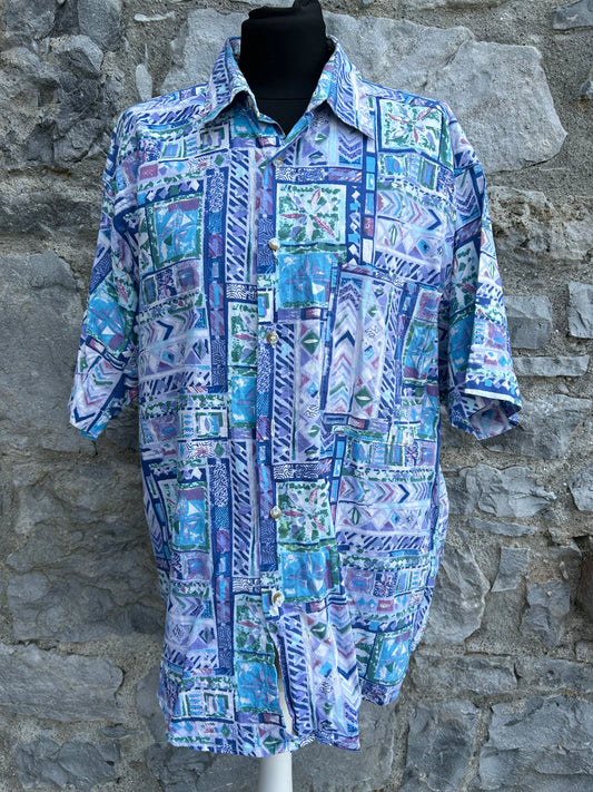 80s blue abstract patchwork shirt M/L