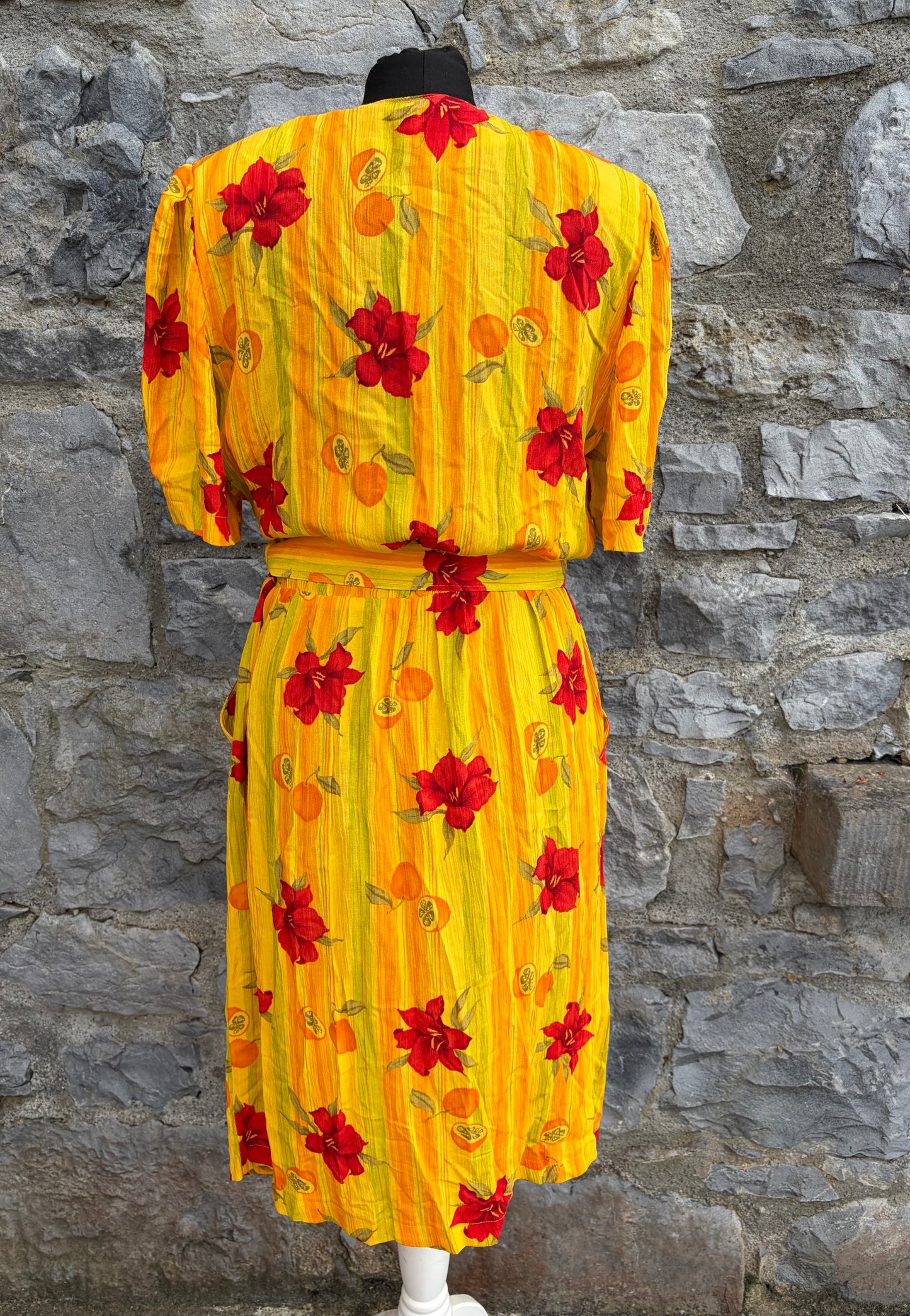 80s flowers&fruit yellow dress uk 8-10