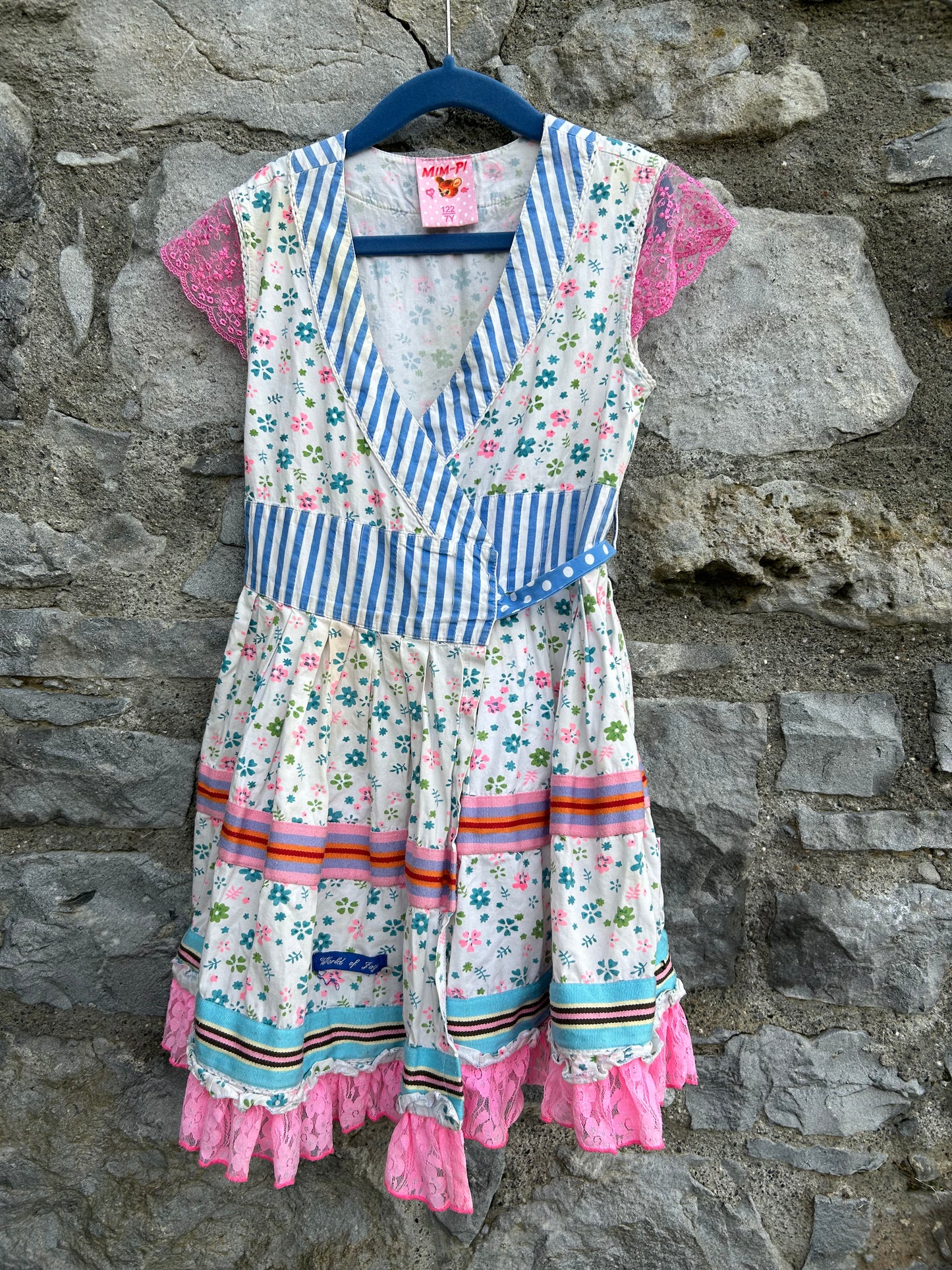 Blue flowers&stripes wrap dress 5-6y (110-116cm)