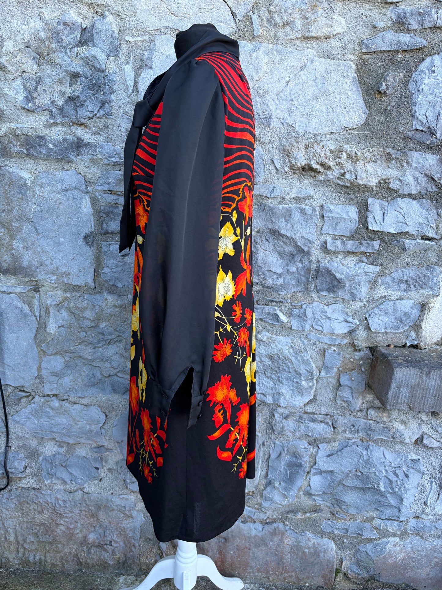80s red&yellow floral black dress uk 12