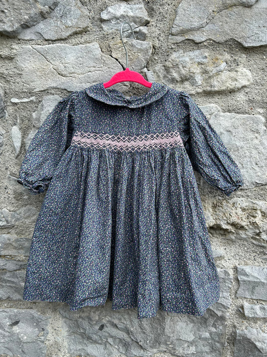 QE Pink flowers navy smock dress 18-24m (86-92cm)