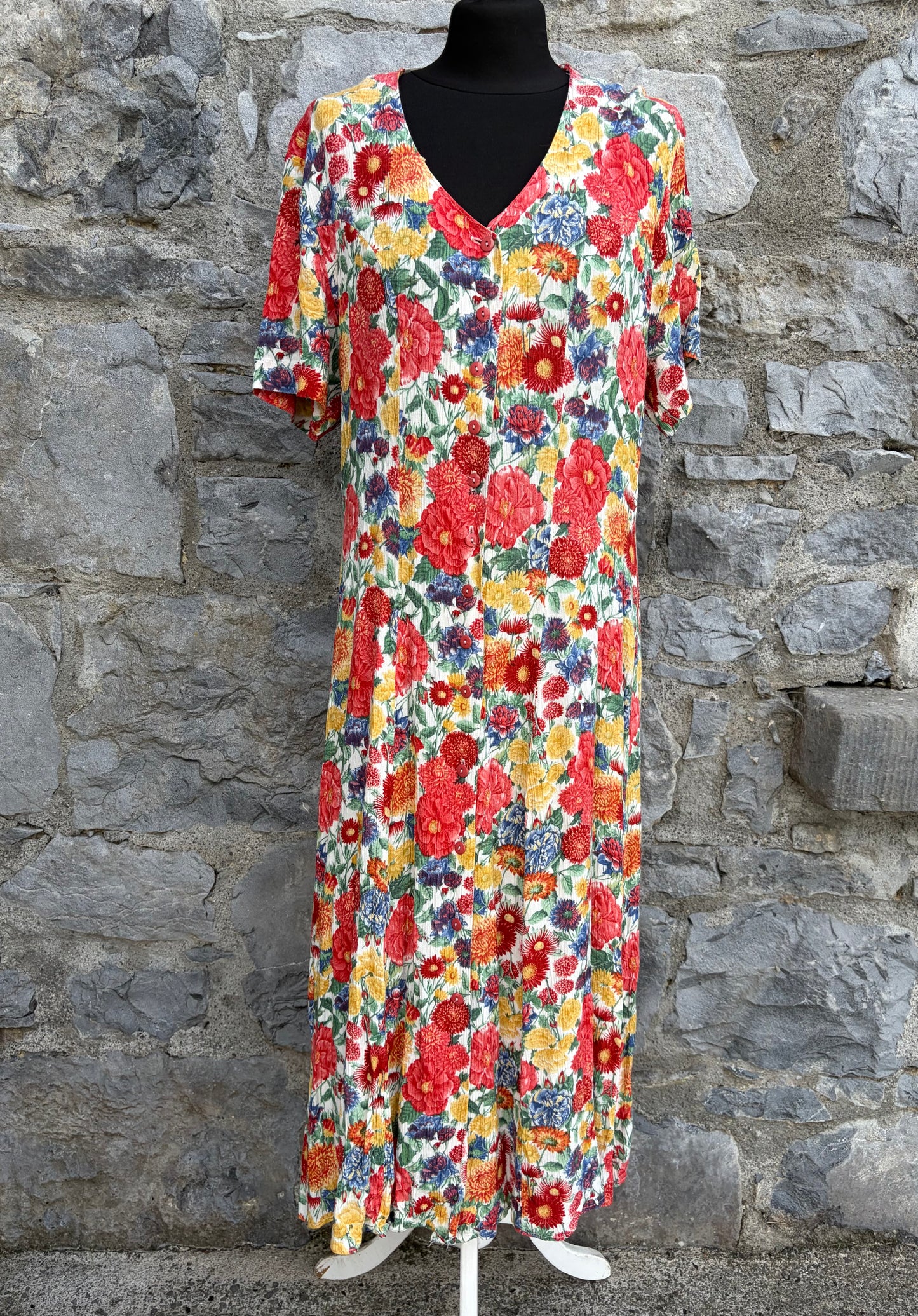 80s red flowers button up dress uk 14