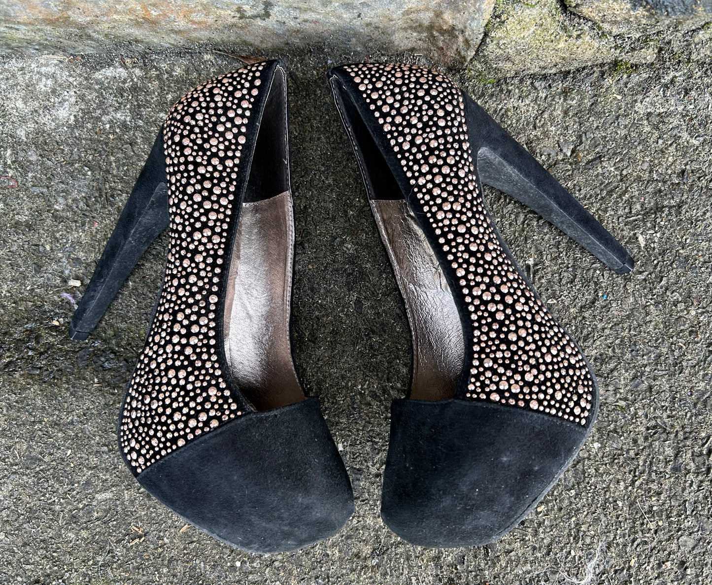 Black suede heels with Rose Gold Bead uk 4 (eu 37)