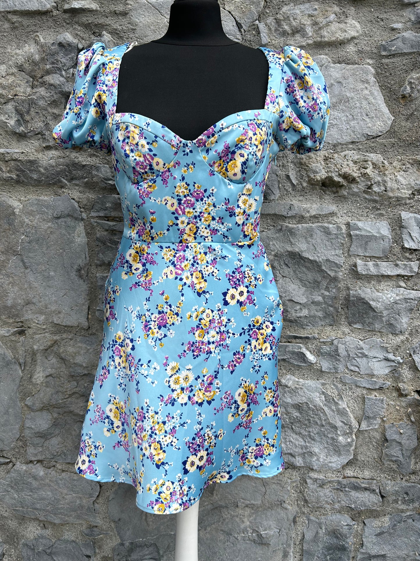 Blue satin floral dress uk 8