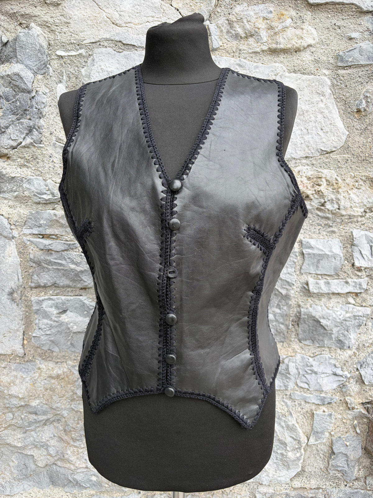 80s black leather patchwork waistcoat uk 10-12