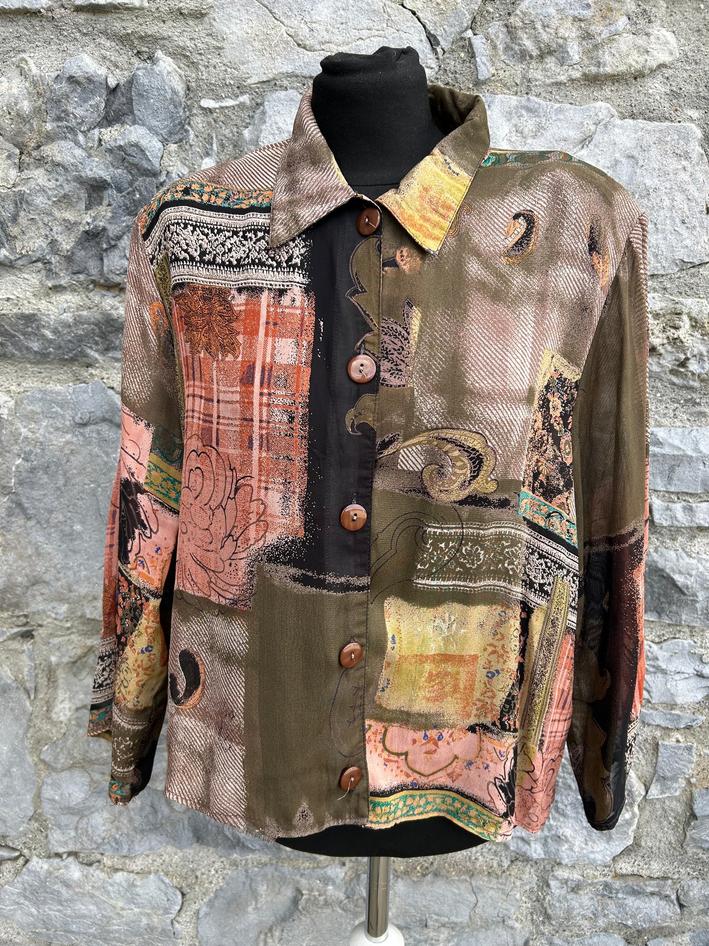 90s brown patchwork sheer blouse uk 14