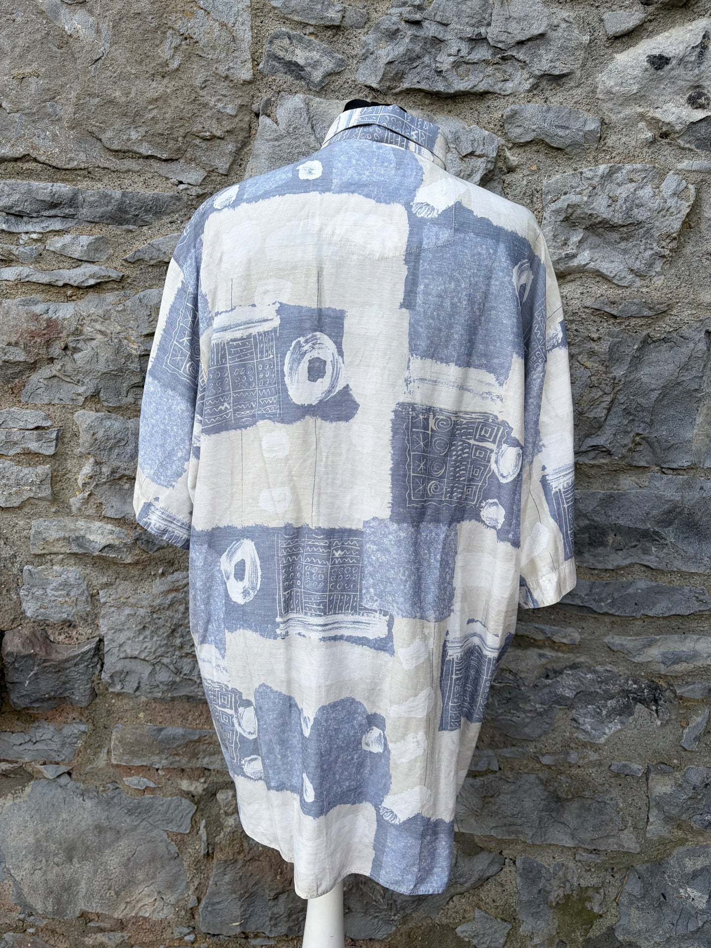 80s blue&white patchwork shirt Large