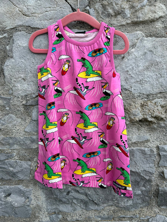 Surfing animals pink dress  2y (92cm)