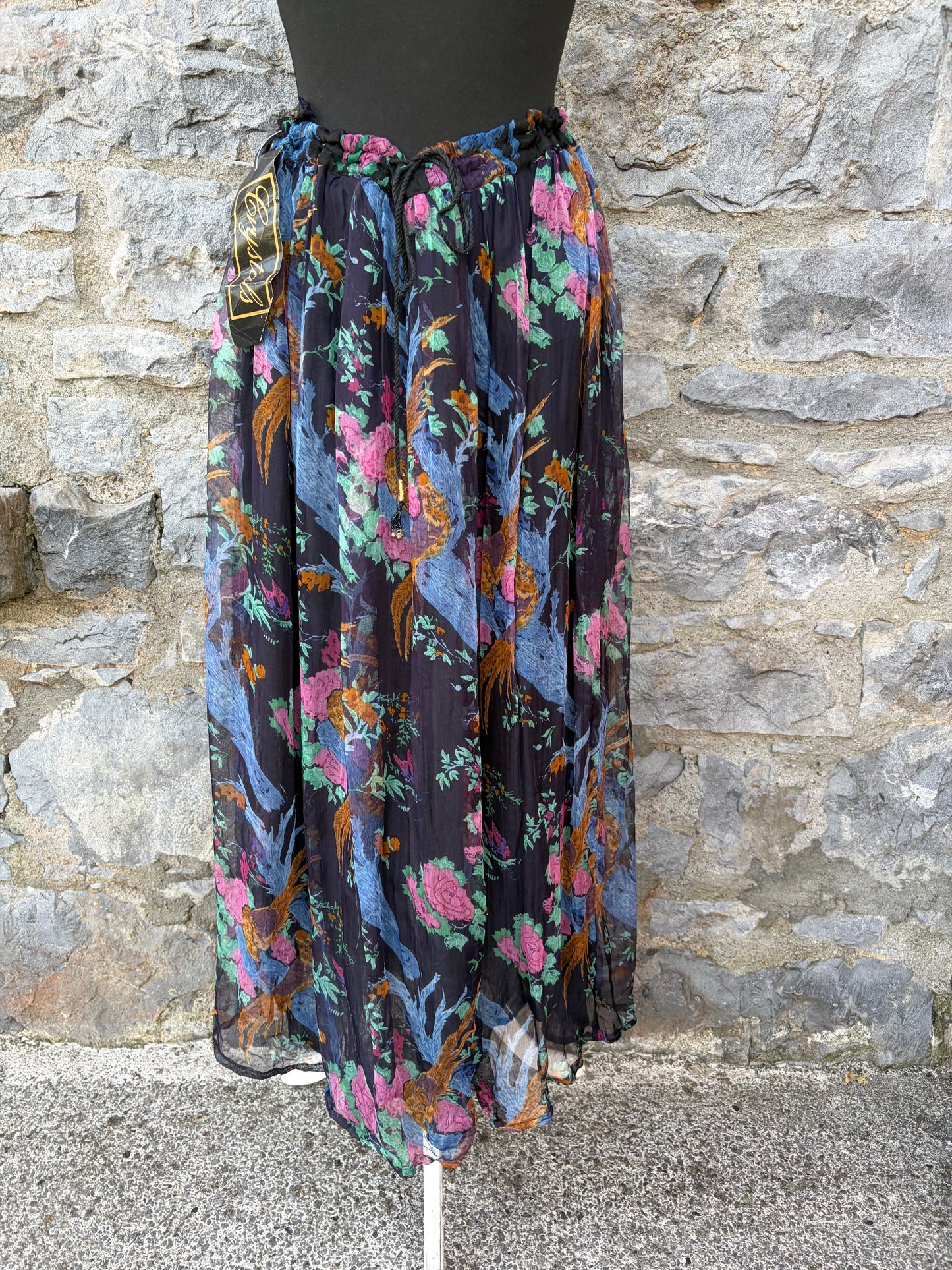 90s multicolor bird&flowers black skirt uk 12-16