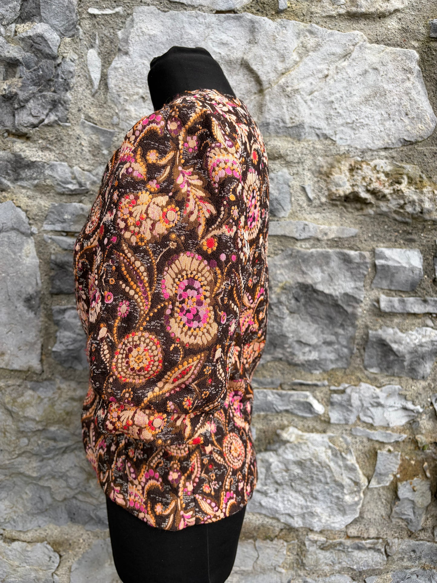 70s brown paisley ball buttons top uk 6-8