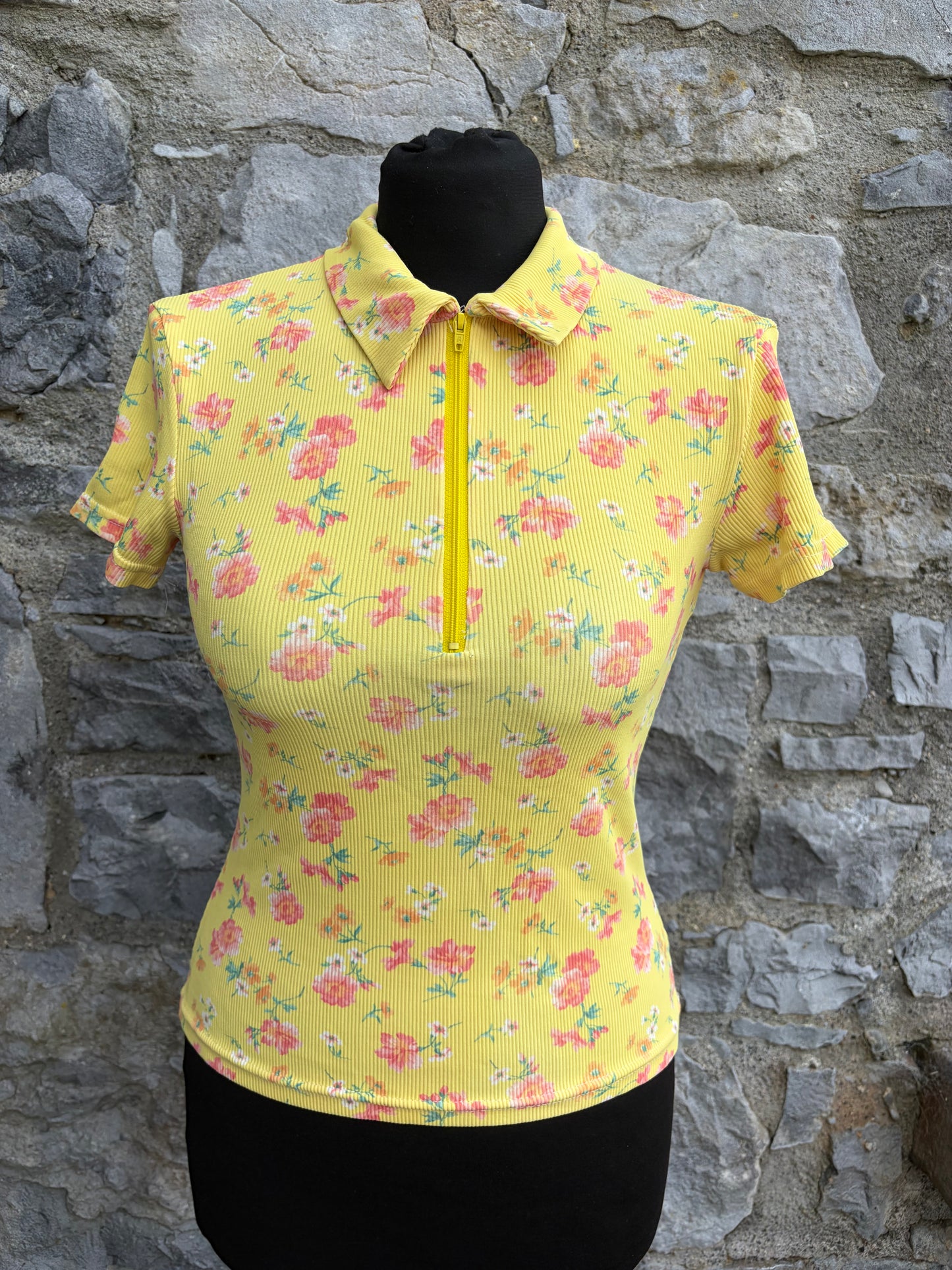 90s floral yellow polo top uk 6-8