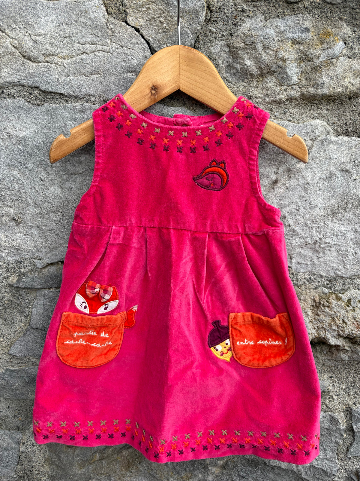 Woodland animals pink velvet pinafore 3-6m (62-68cm)