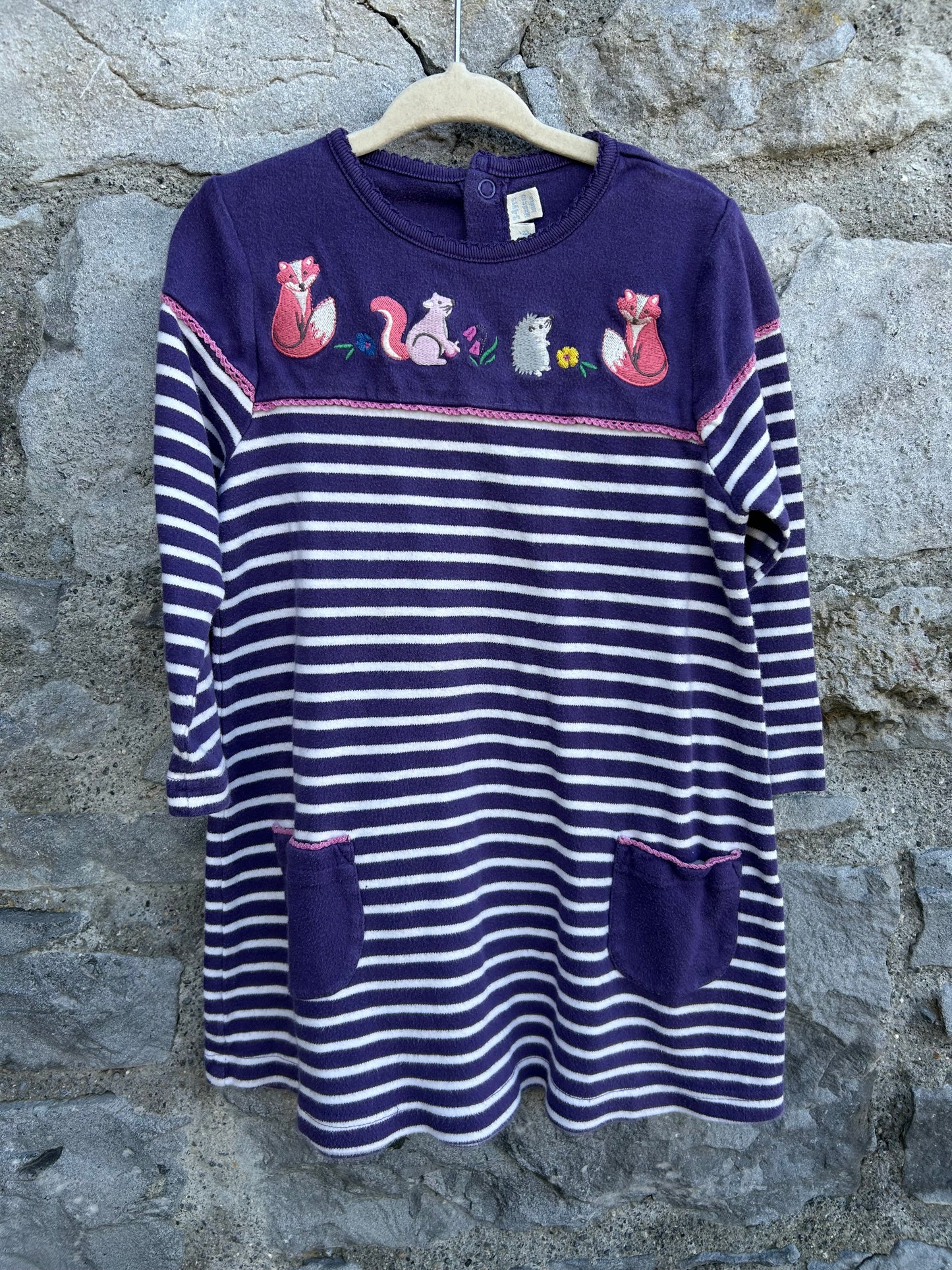 Woodland animals purple stripy dress 3-4y (98-104cm)