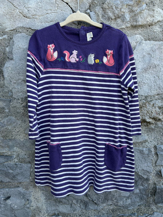 Woodland animals purple stripy dress 3-4y (98-104cm)