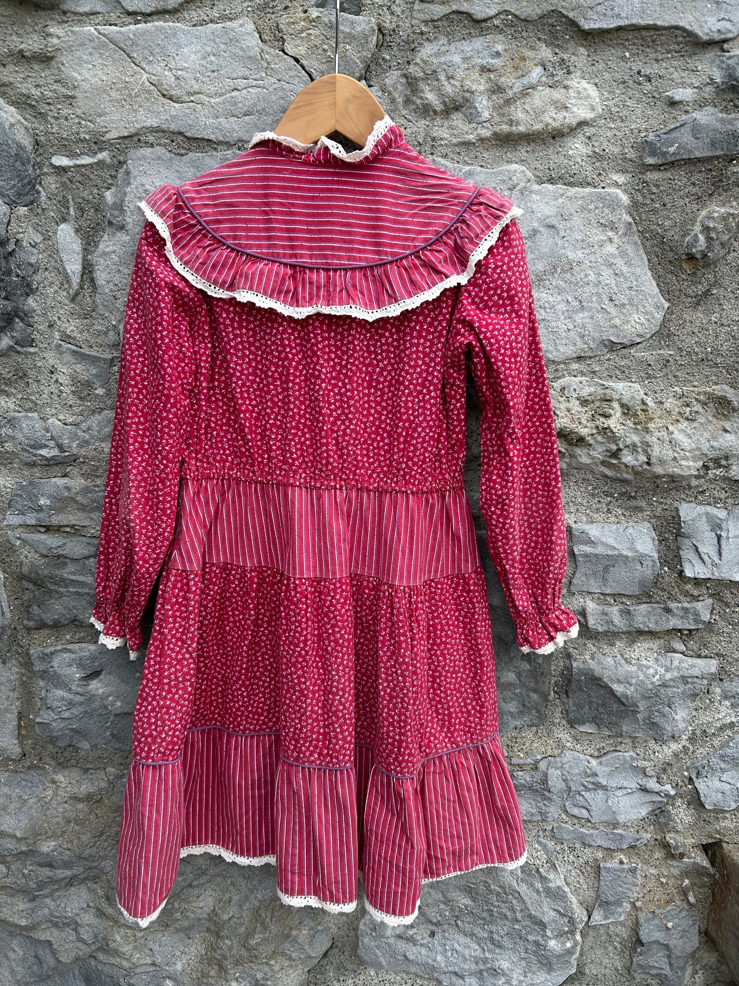 80s red dots&stripes ruffled dress  7-8y (122-128cm)