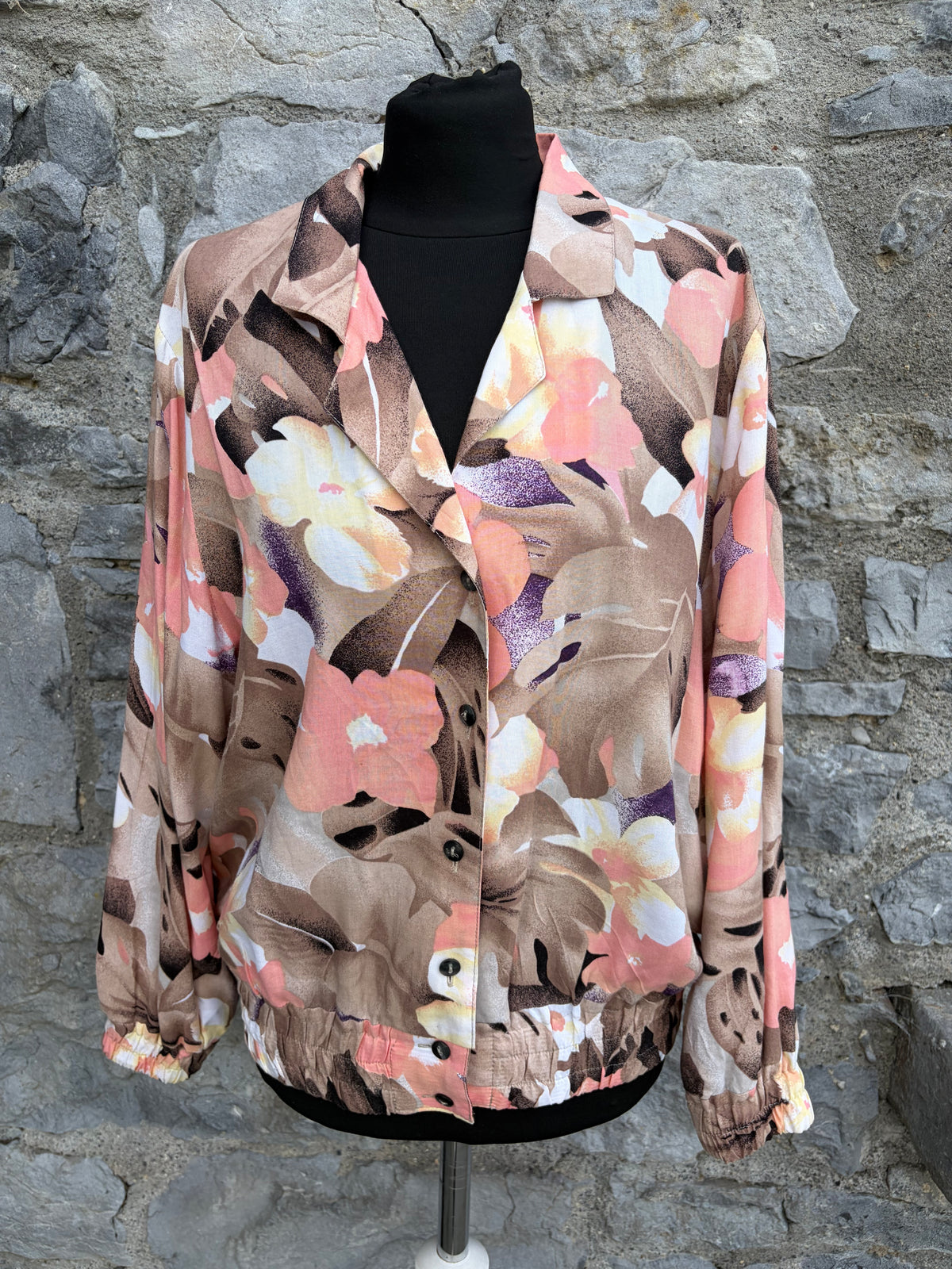 80s pink&brown leaves blouse uk 12
