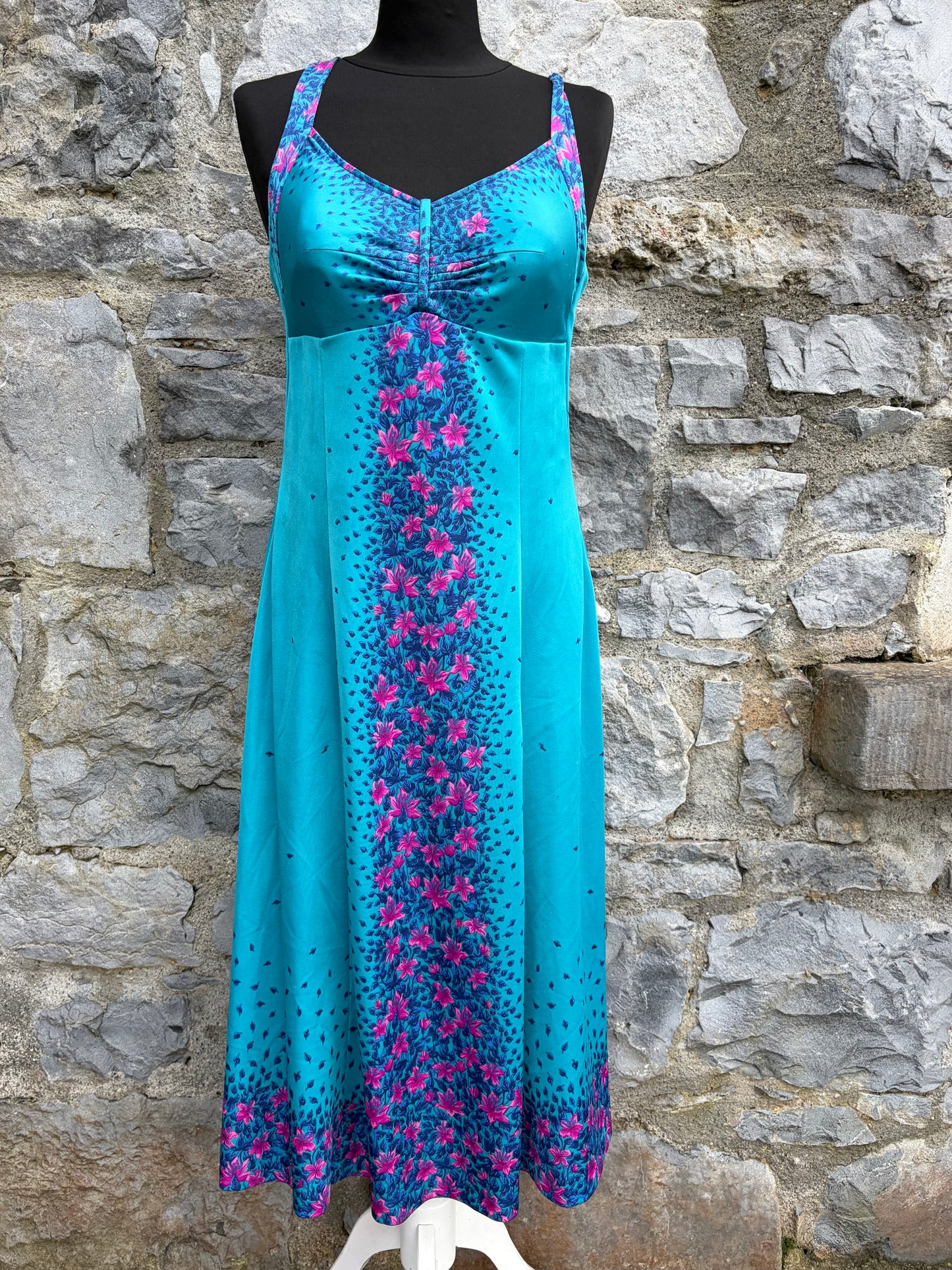 70s turquoise&pink floral dress uk 8-10