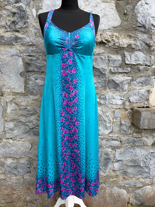 70s turquoise&pink floral dress uk 8-10