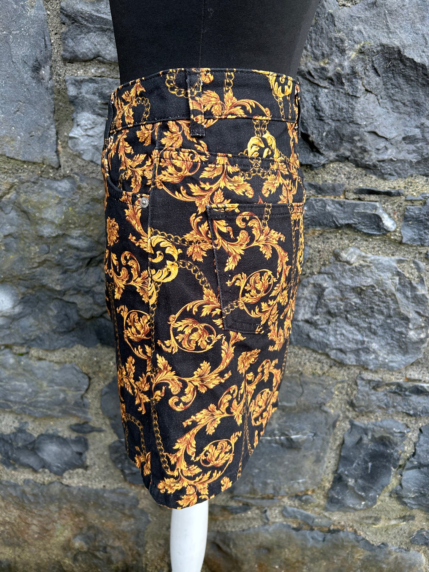 Black&gold chain print mini denim skirt uk 8